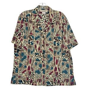 VTG Donnkenny Classics Button Crinkle Top L** Artsy Abstract Animal Print Resort
